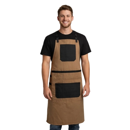 Fartuch gastronomiczny beżowy – barista / grill / rzemieślniczy z kieszeniami i krzyżowanymi szelkami